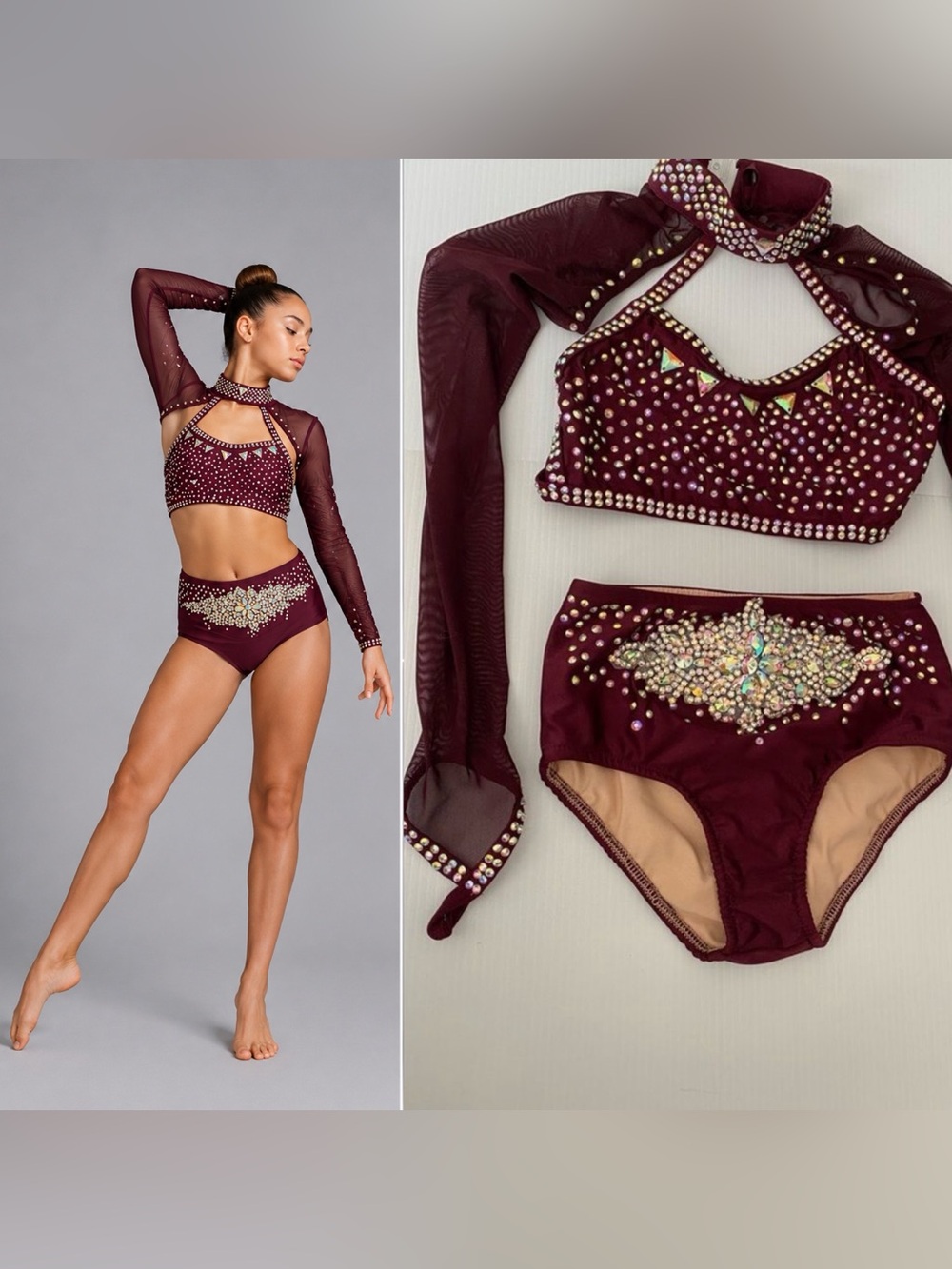 Glamour solo dance costume burgundy red 2 piece jazz contemporary MC-Med child